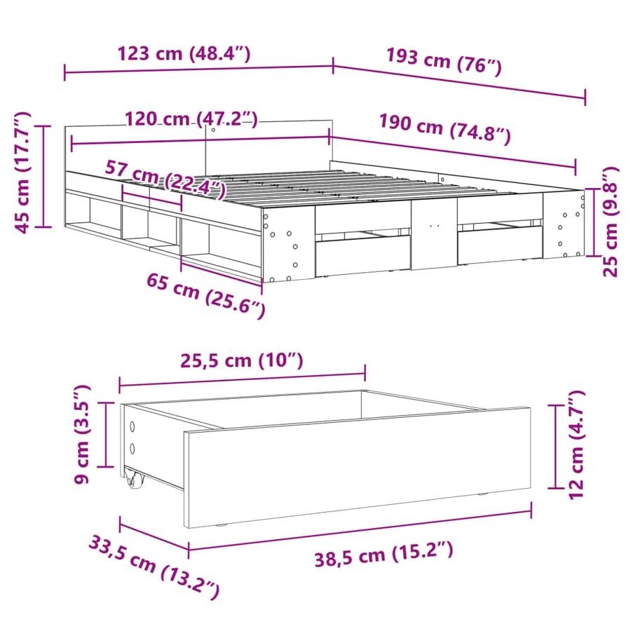 Cadre de lit avec tiroirs sans matelas chêne fumé 120x190 cm - 10