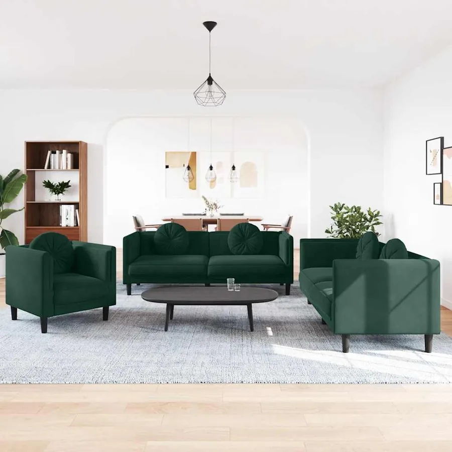 Ensemble de canapés 3 pcs avec coussins vert foncé velours