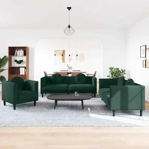 Ensemble de canapés 3 pcs avec coussins vert foncé velours