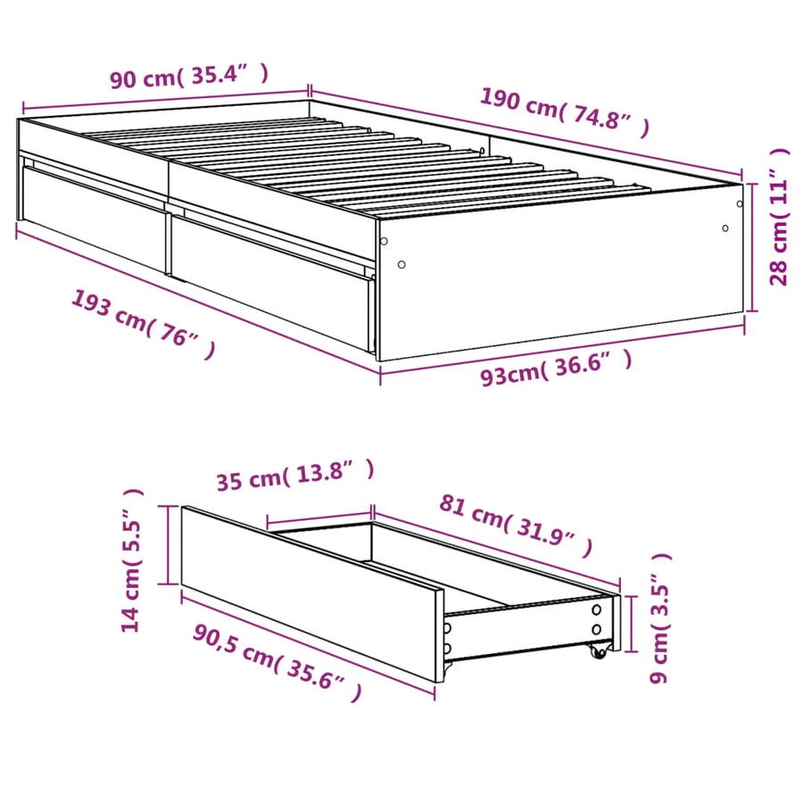 Cadre de lit avec tiroirs sans matelas gris béton 90x190 cm - 10