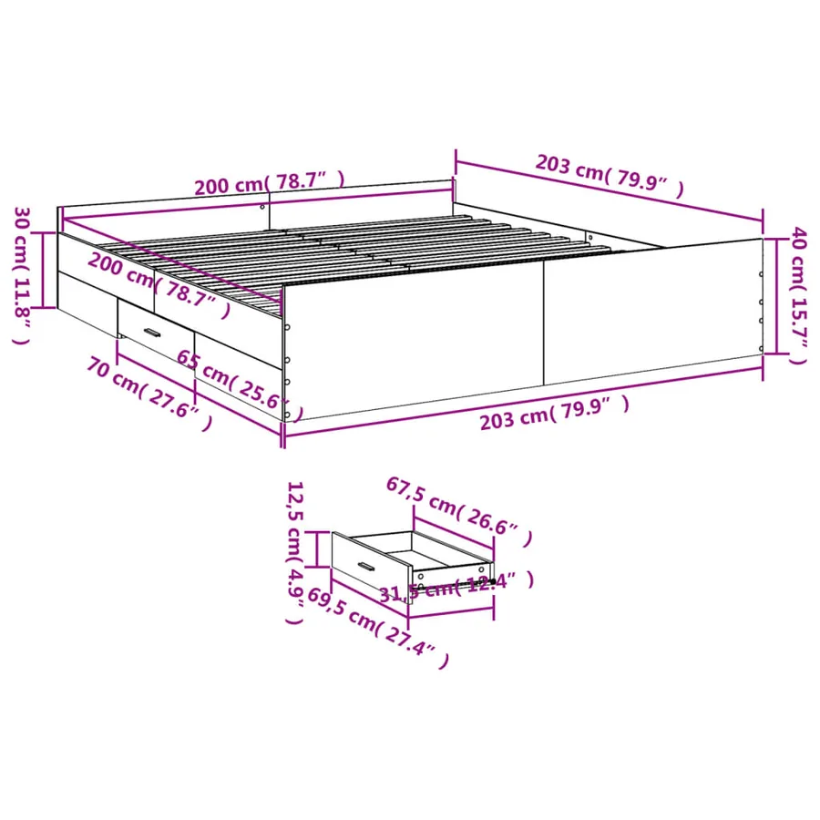 Cadre de lit avec tiroirs sans matelas sonoma gris 200x200 cm - 11