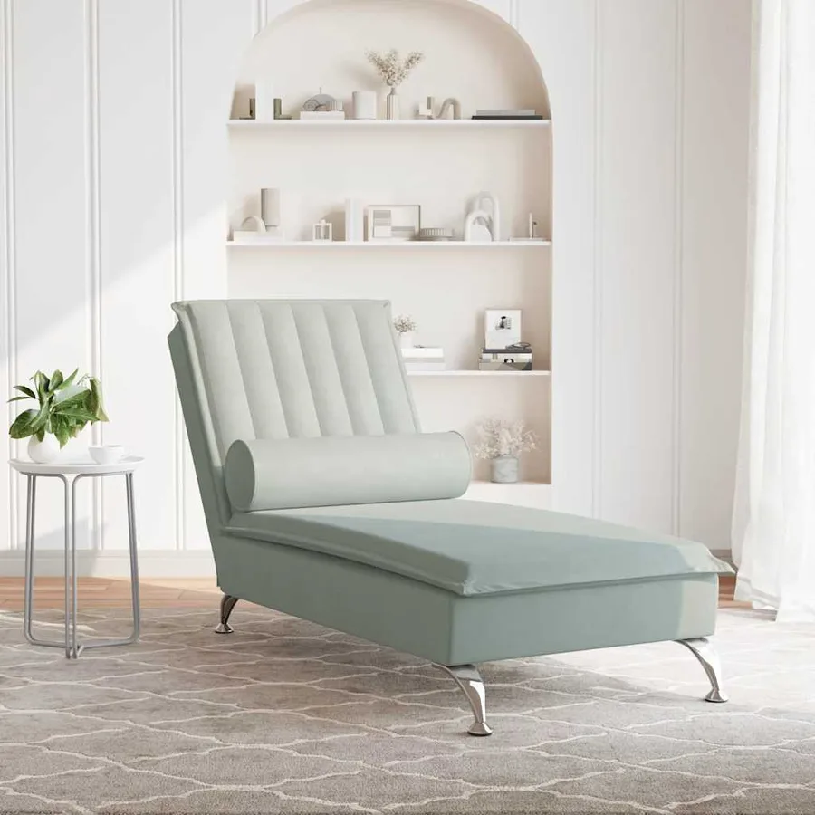 Chaise longue de massage avec traversin gris clair velours - 3