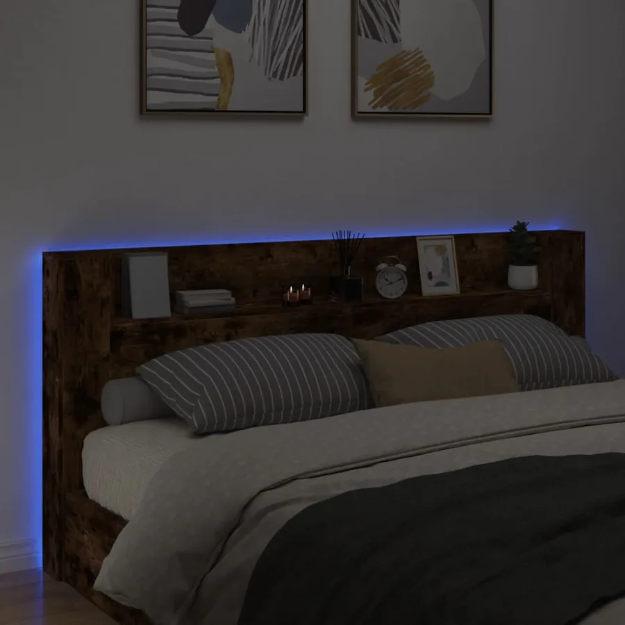 Armoire tête de lit avec LED chêne fumé 220x16,5x103,5 cm - 3