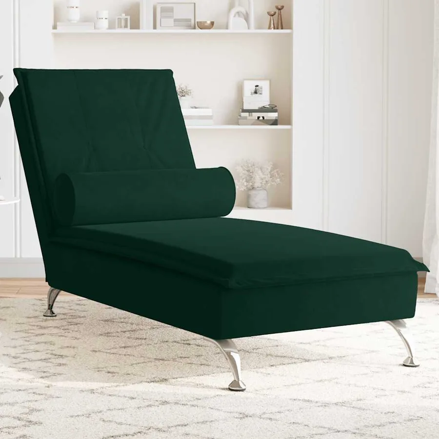 Chaise longue de massage avec traversin vert foncé velours - 3