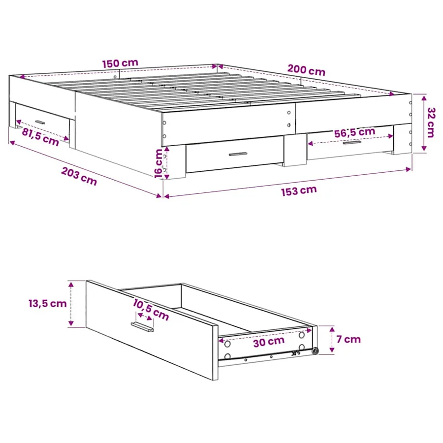 Cadre de lit avec tiroirs sans matelas sonoma gris 150x200 cm - 10