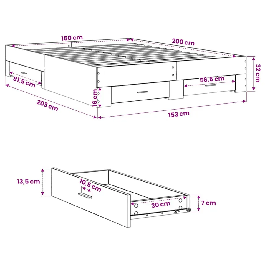 Cadre de lit avec tiroirs sans matelas gris béton 150x200 cm - 10