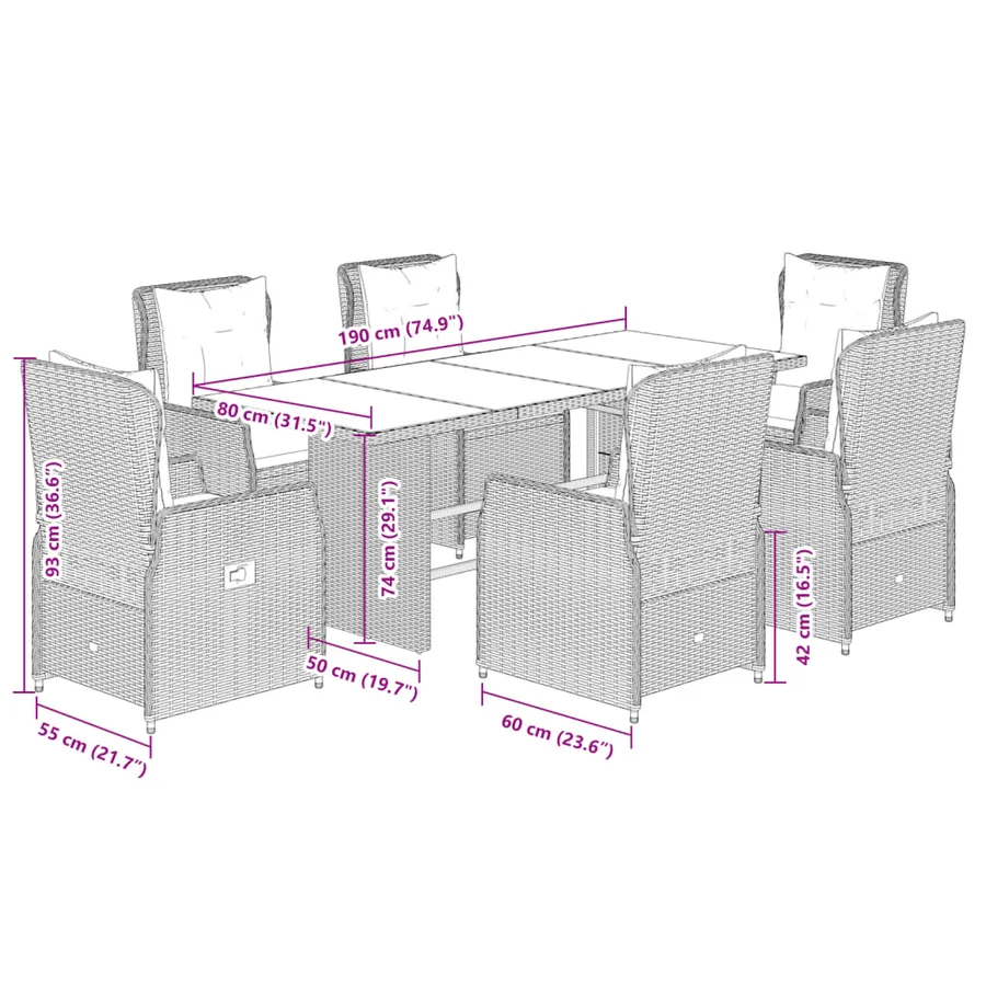 Ensemble à manger de jardin et coussins 7 pcs marron rotin - 8