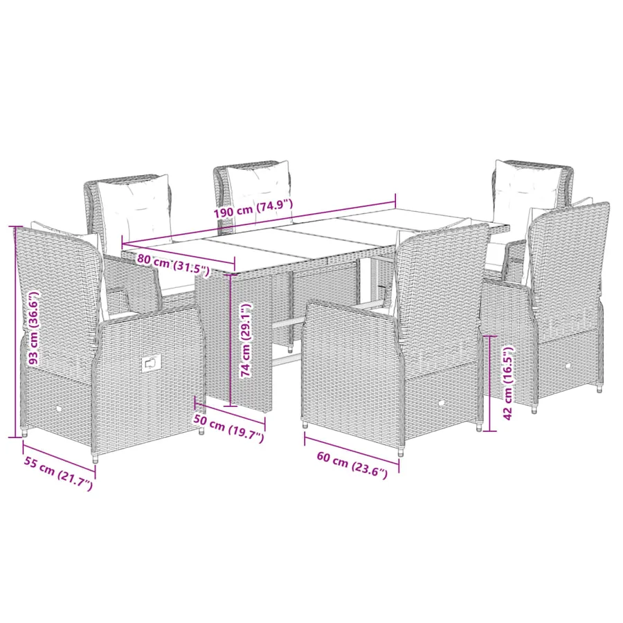 Ensemble à manger de jardin et coussins 7 pcs gris rotin - 8
