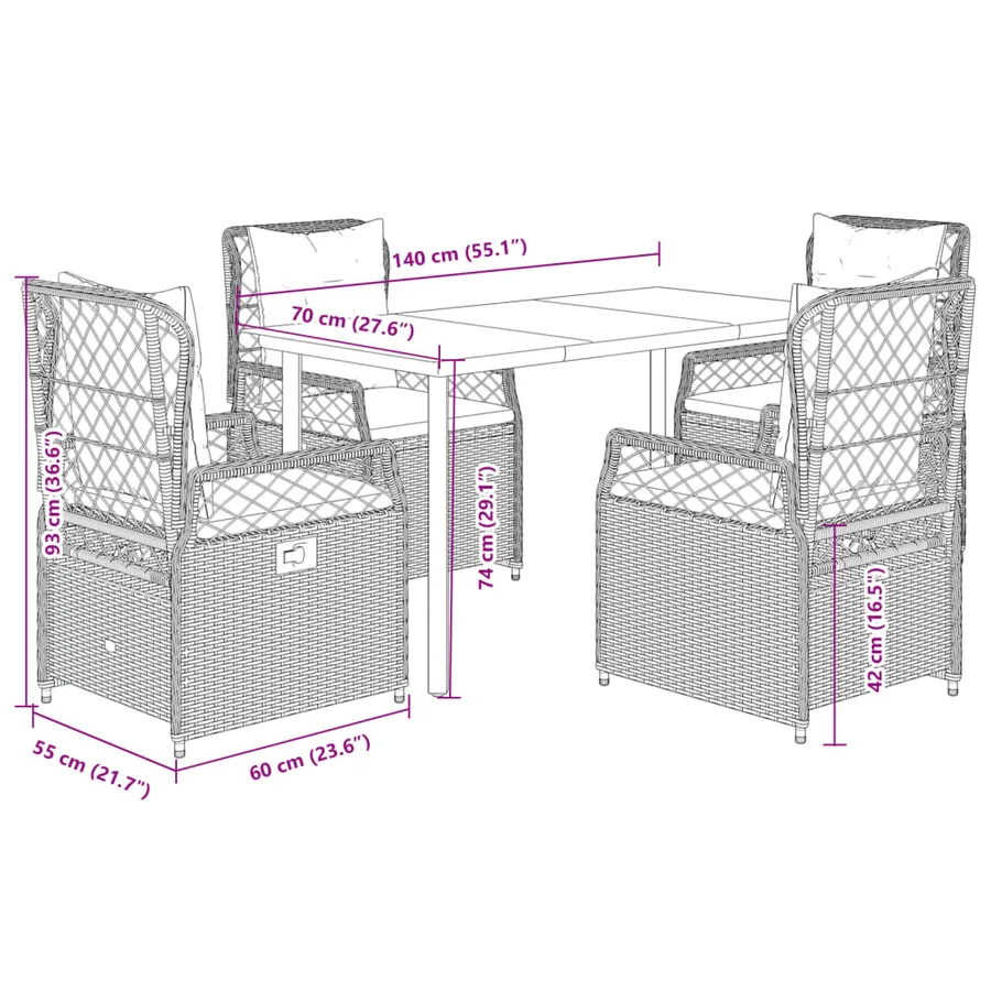 Ensemble à manger de jardin 5 pcs et coussins marron poly rotin - 8