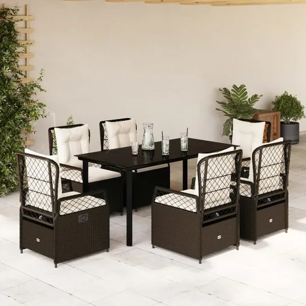 Ensemble à manger de jardin et coussins 7 pcs marron rotin