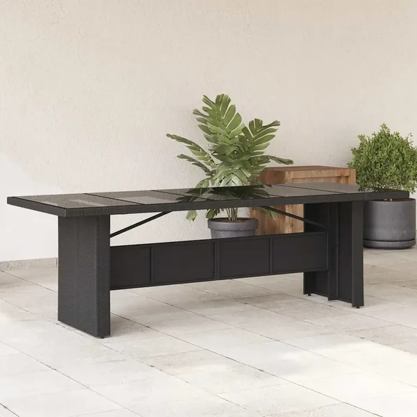Table de jardin dessus en verre noir 240x90x75cm résine tressée