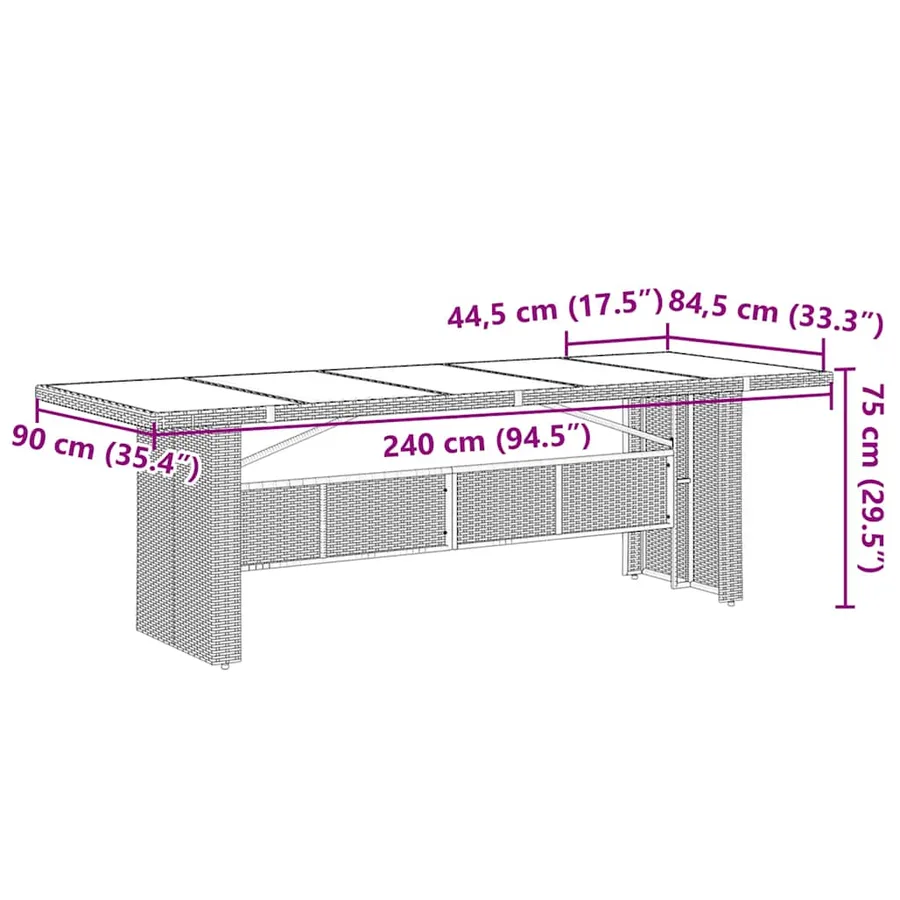 Table de jardin dessus en verre noir 240x90x75cm résine tressée - 11