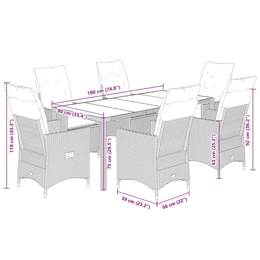 Ensemble à manger de jardin coussins 7pcs Noir Résine tressée - 7