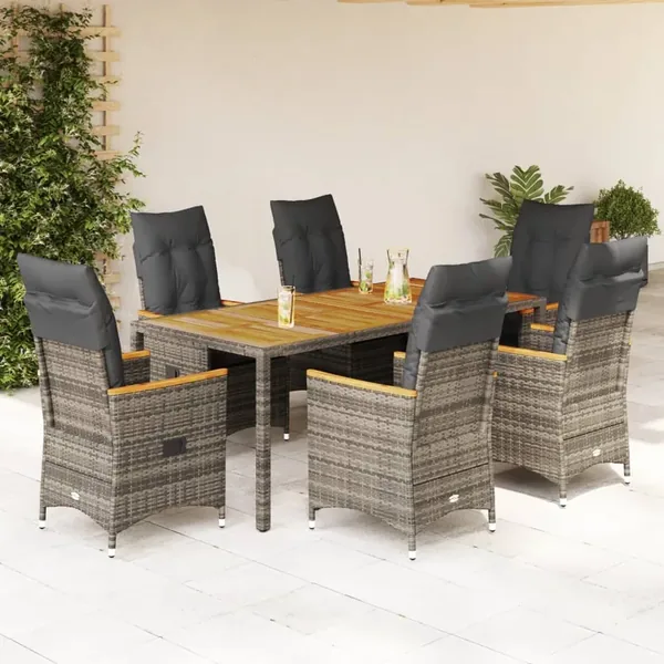 Ensemble à manger de jardin et coussins 7 pcs gris rotin