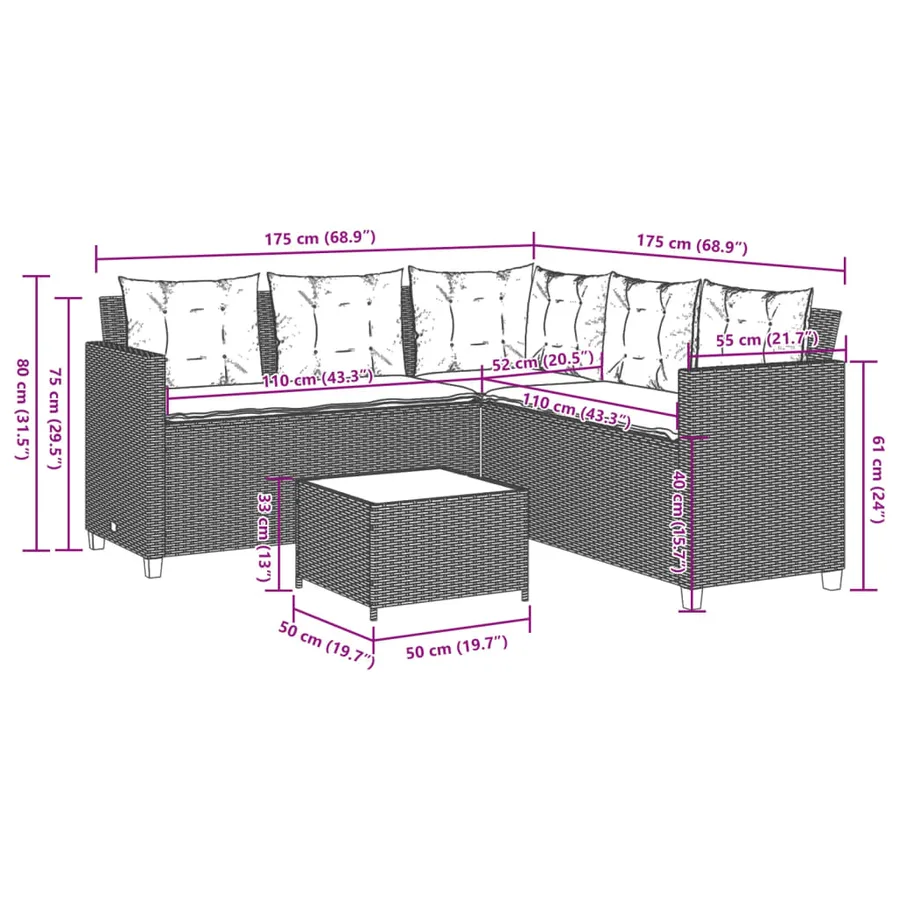 Canapé de jardin et table et coussins en forme de L gris clair - 11