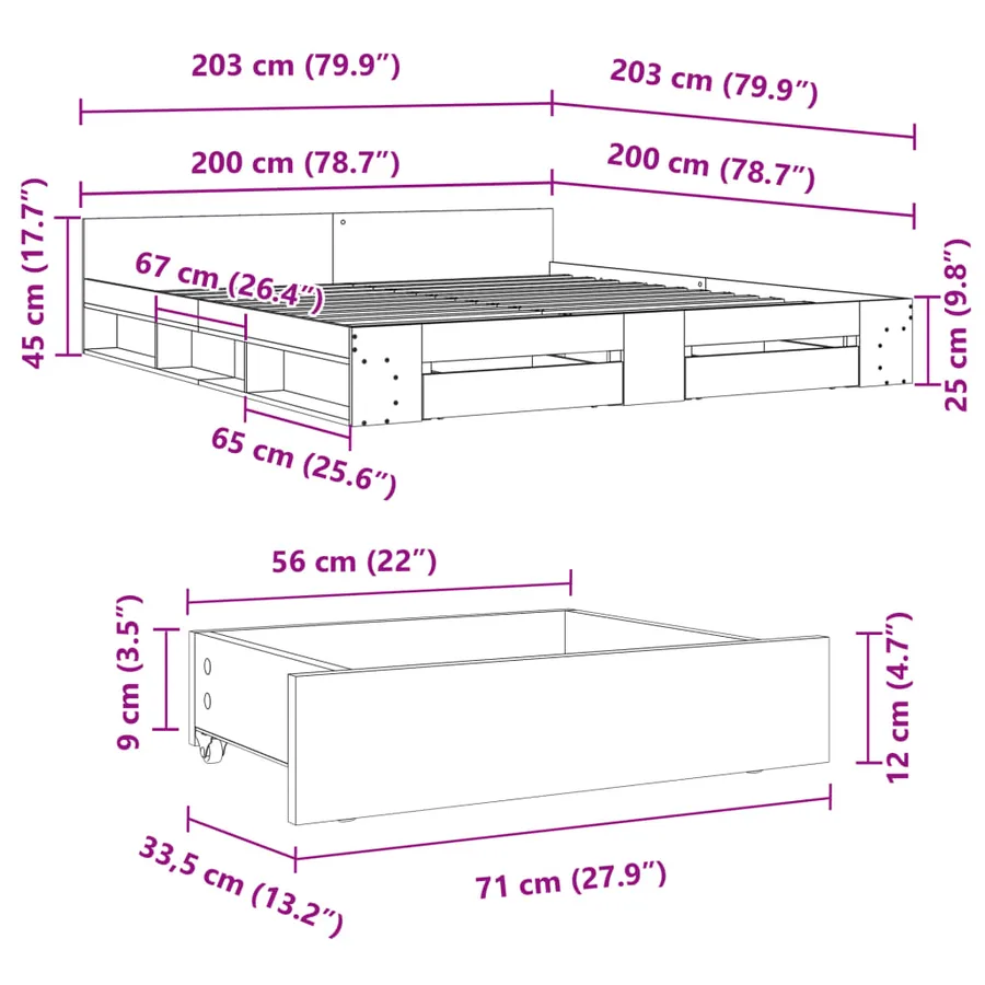 Cadre de lit avec tiroirs sans matelas gris béton 200x200 cm - 10