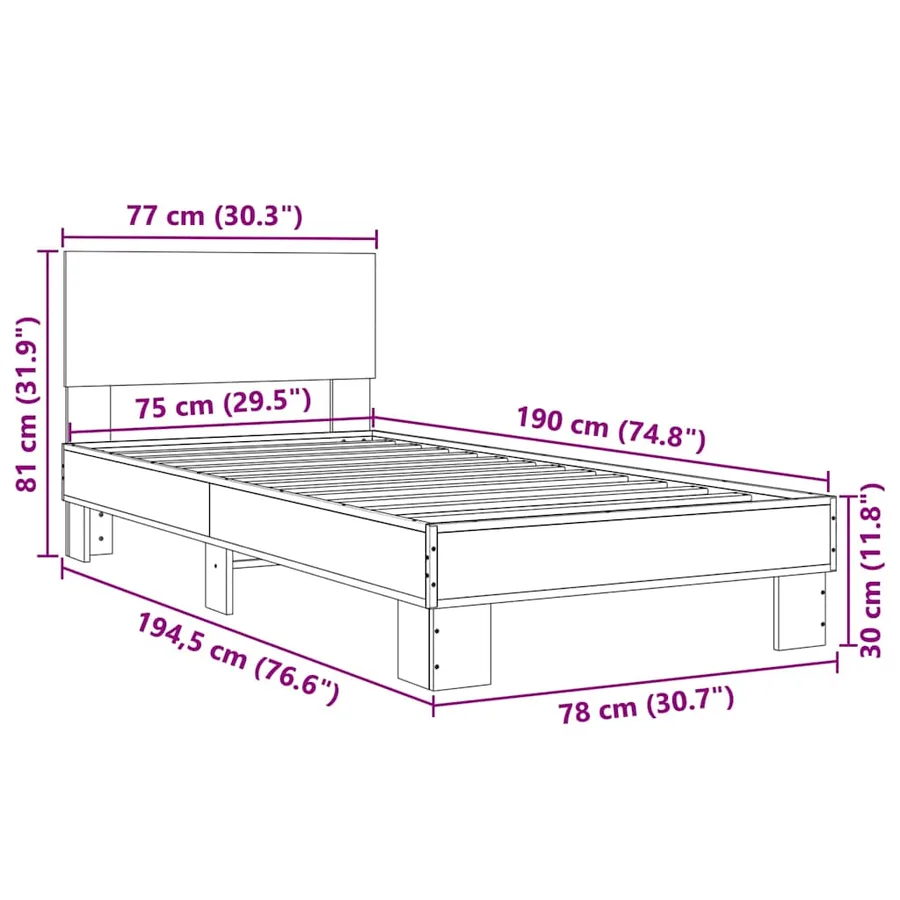 Cadre de lit sans matelas sonoma gris 75x190 cm - 9