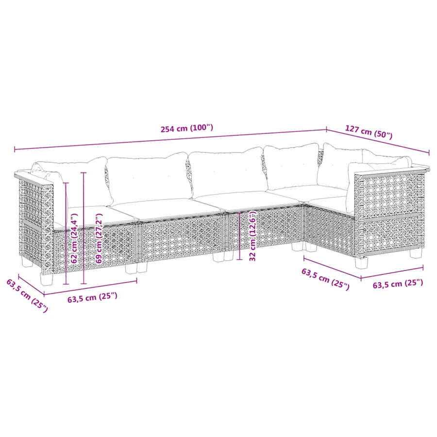 Salon de jardin 5 pcs avec coussins noir résine tressée - 6