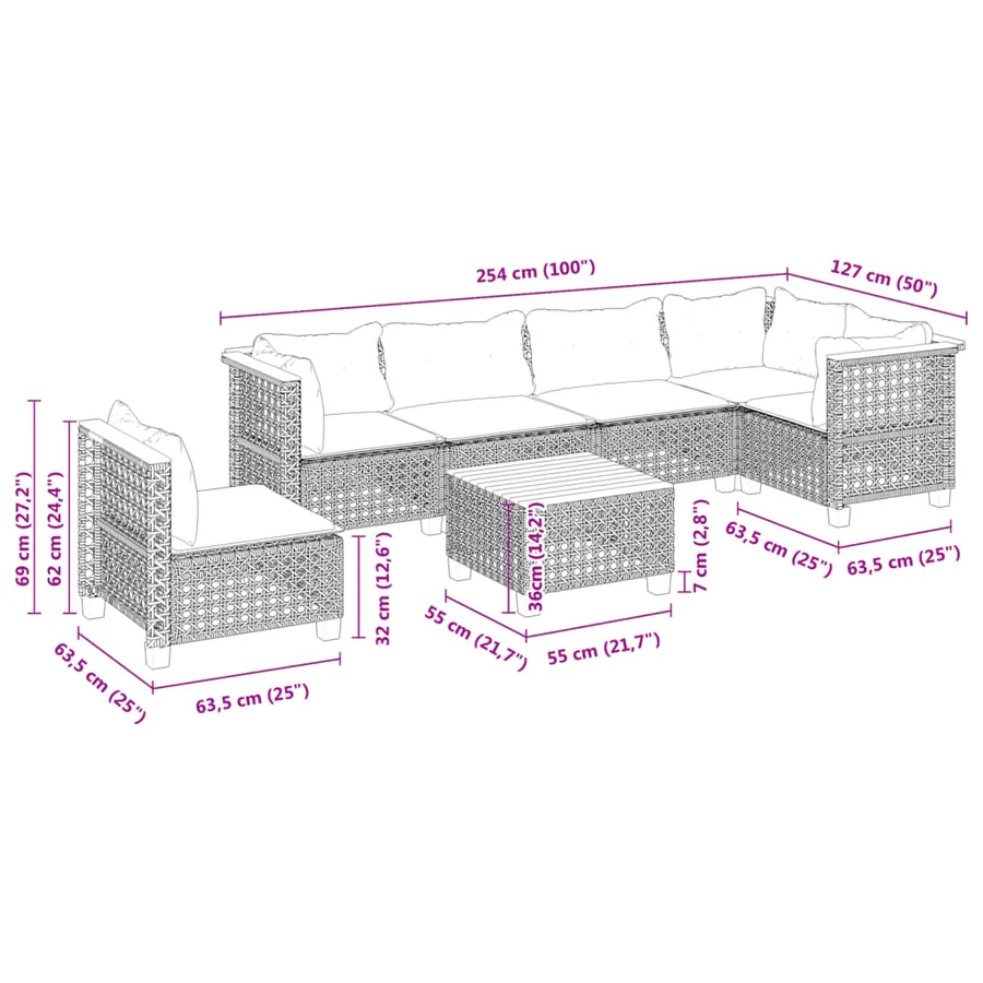 Salon de jardin 7 pcs avec coussins noir résine tressée 63,5 x 63,5 x 62 cm - 62,8 kg - 8