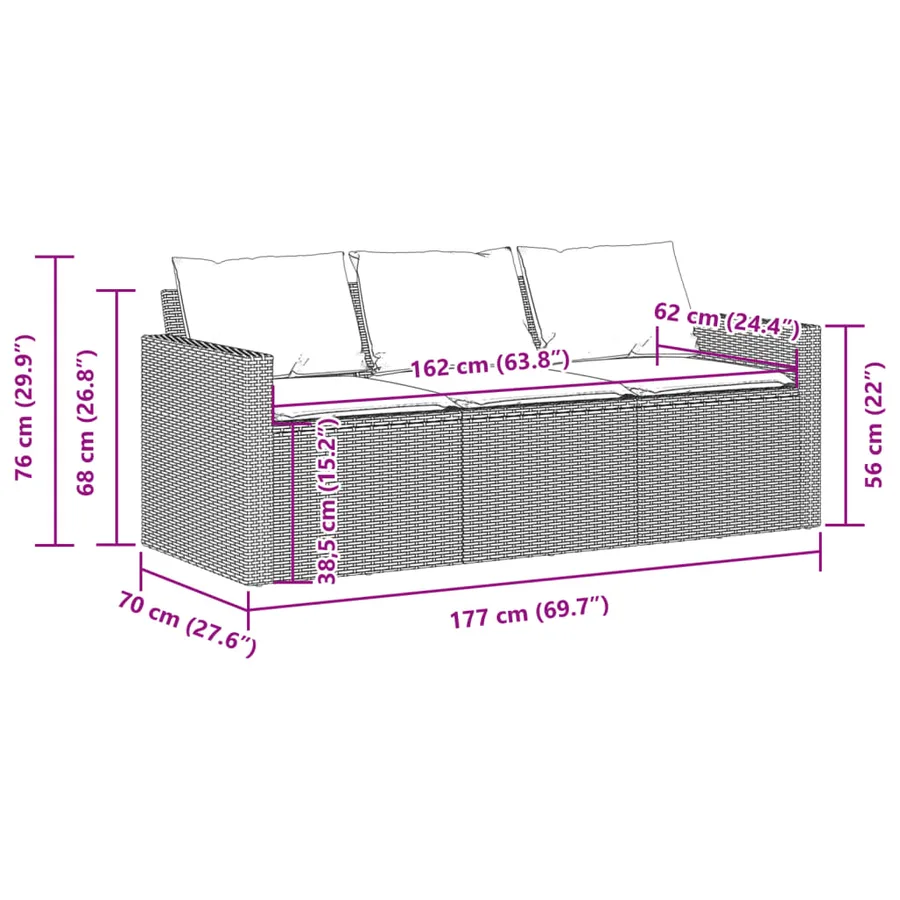 Canapé de jardin avec coussins 3 places gris résine tressée - 8