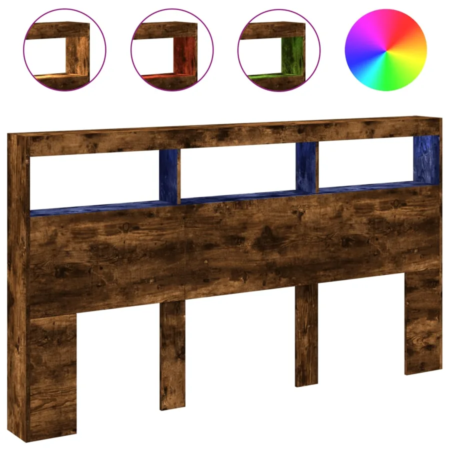 Armoire tête de lit avec LED chêne fumé 180x17x102 cm - 2