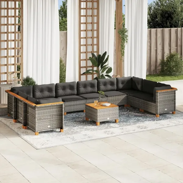 Salon de jardin 11 pcs avec coussins gris résine tressée