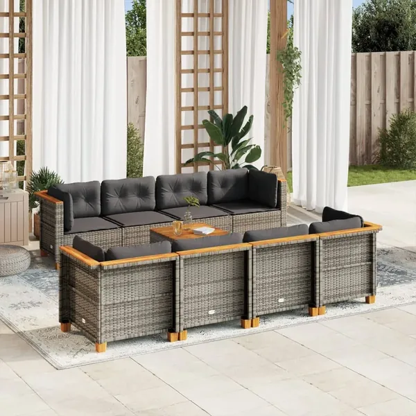 Salon de jardin 9 pcs avec coussins gris résine tressée