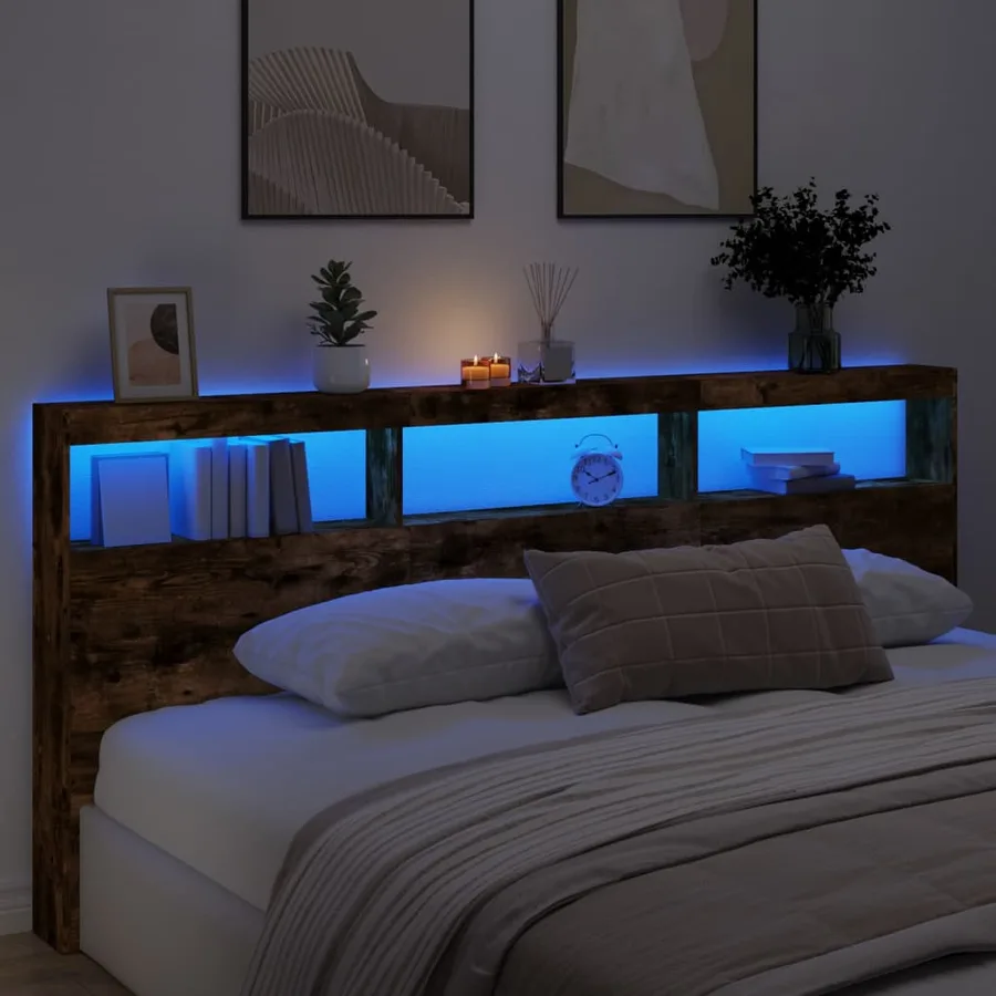 Armoire tête de lit avec LED chêne fumé 220x17x102 cm - 4