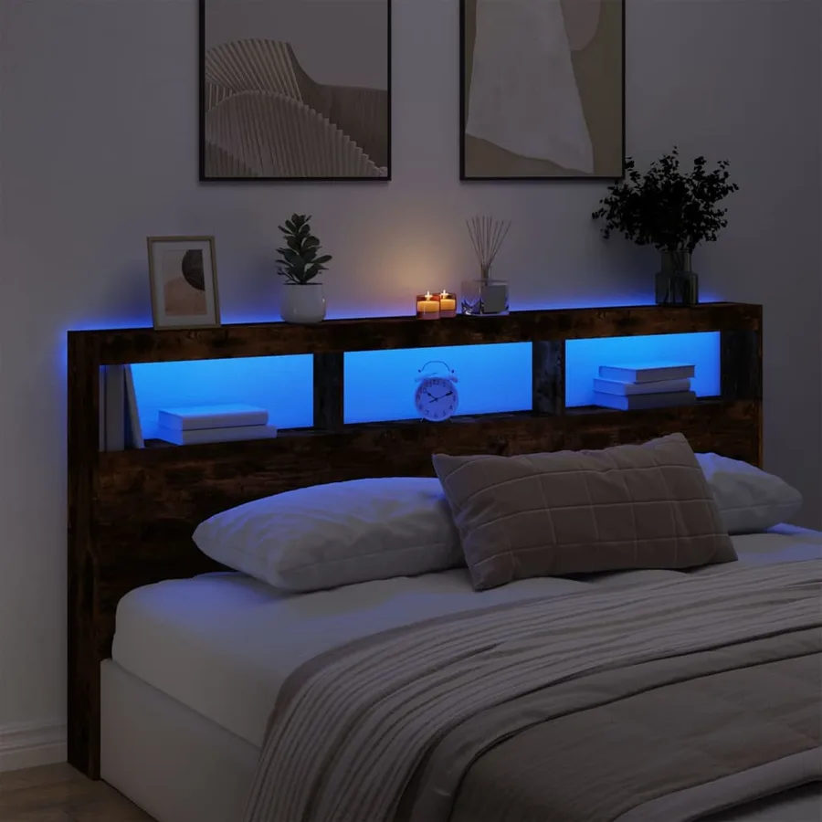 Armoire tête de lit avec LED chêne fumé 200x17x102 cm - 4