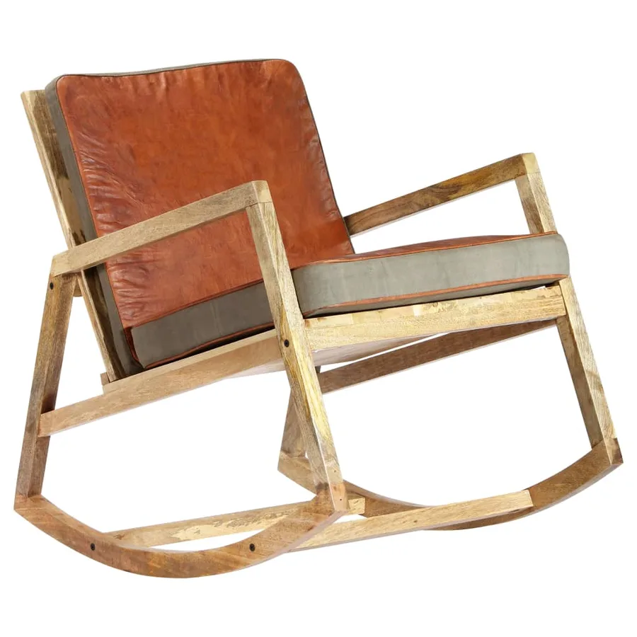 Chaise à bascule Marron Cuir véritable et manguier massif - 10