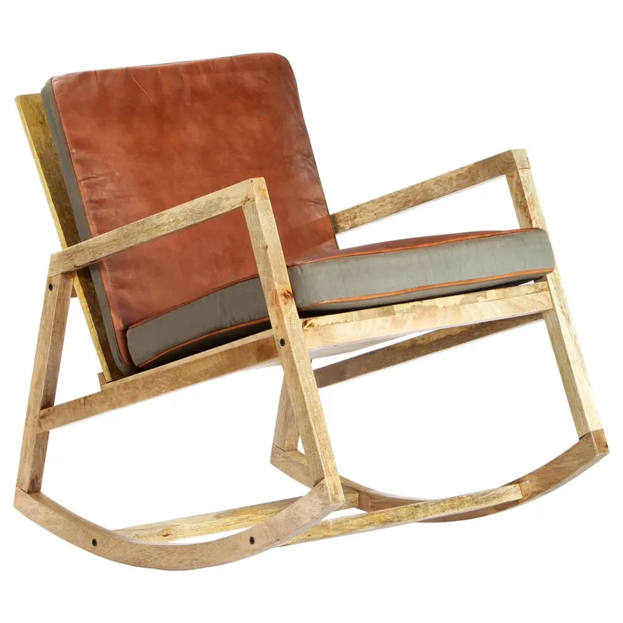 Chaise à bascule Marron Cuir véritable et manguier massif - 11