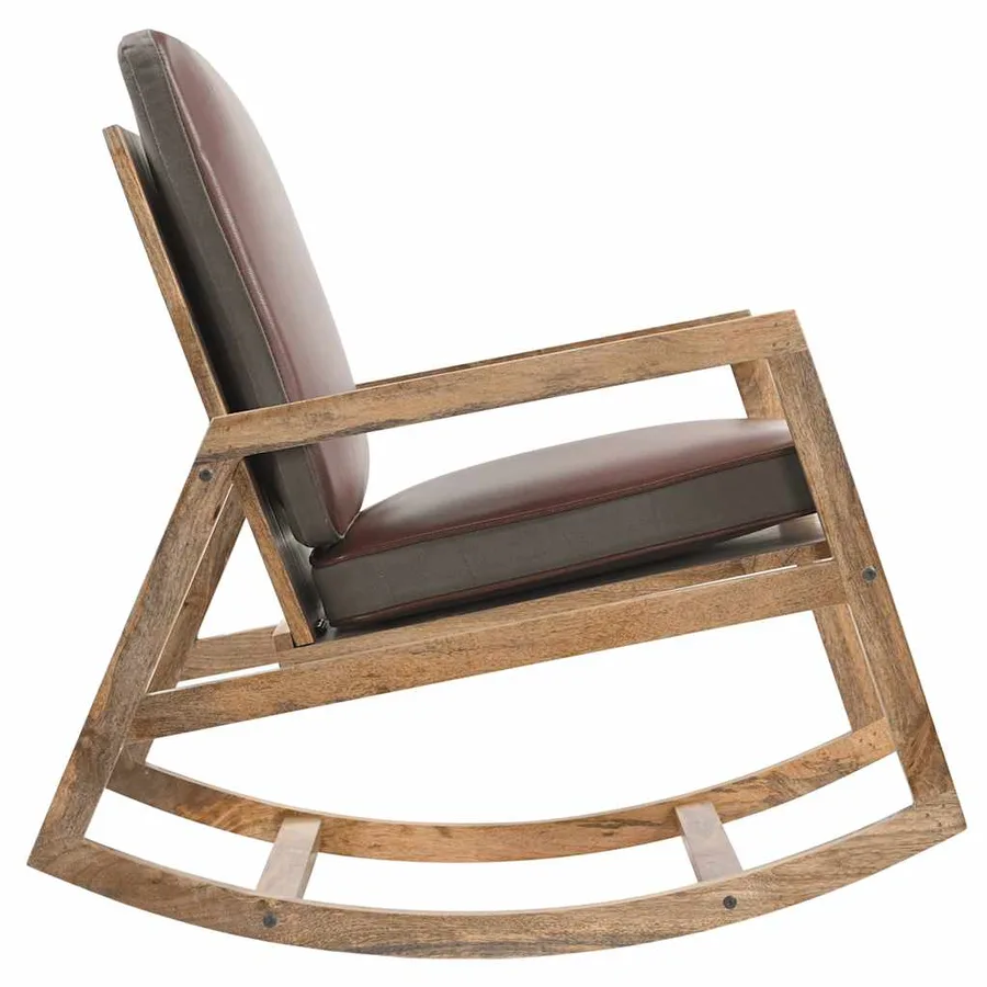 Chaise à bascule Marron Cuir véritable et manguier massif - 6