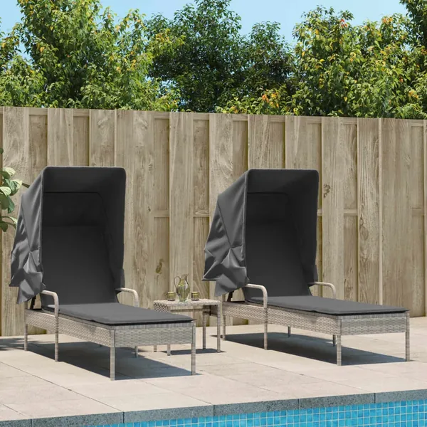 Chaises longues lot de 2 avec auvents et table gris clair rotin