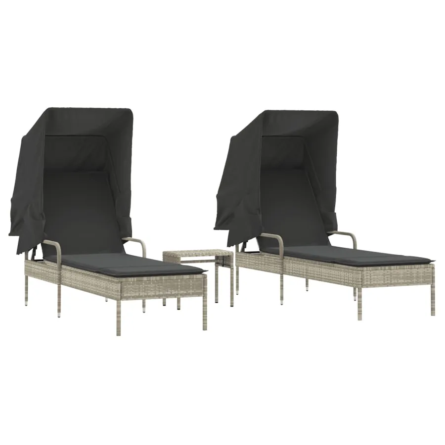 Chaises longues lot de 2 avec auvents et table gris clair rotin - 2