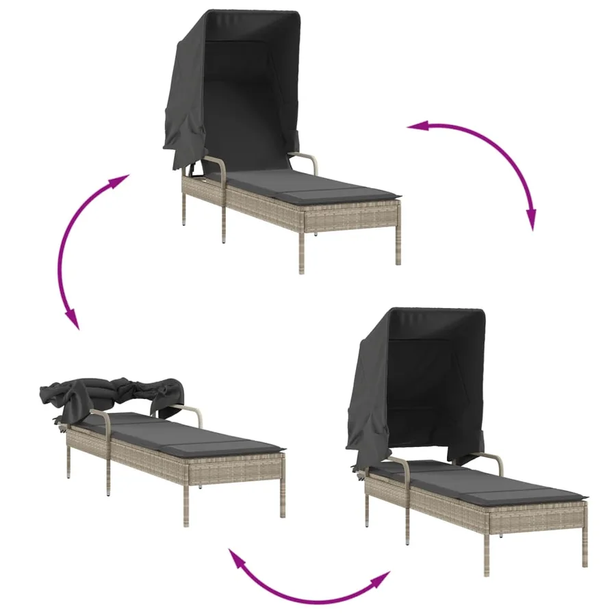 Chaises longues lot de 2 avec auvents et table gris clair rotin - 7