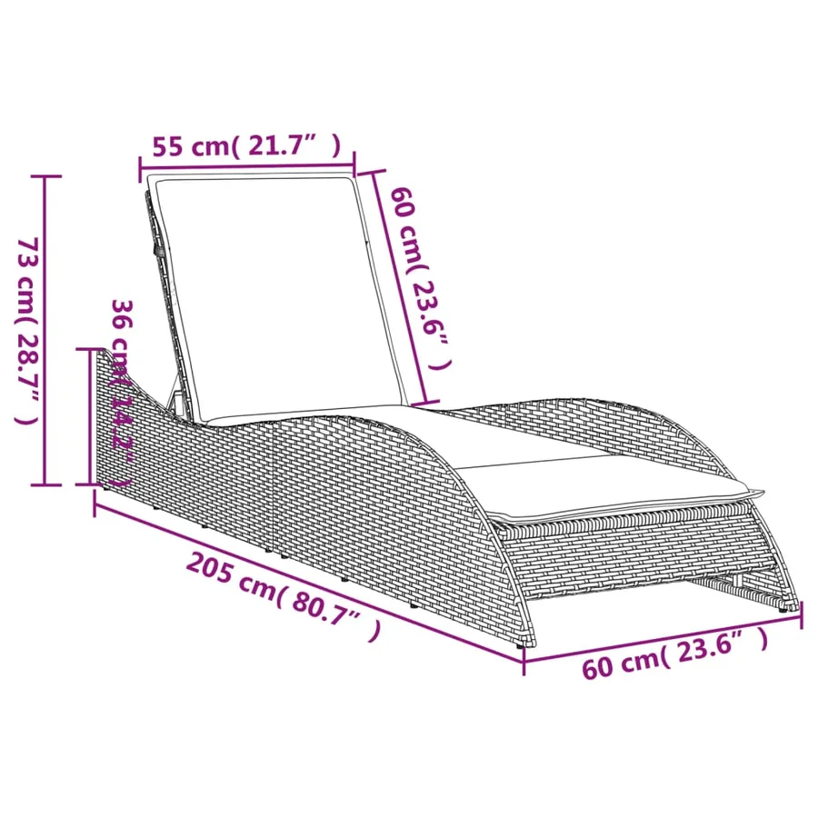Chaise longue avec coussin gris clair 60x205x73 cm poly rotin - 9