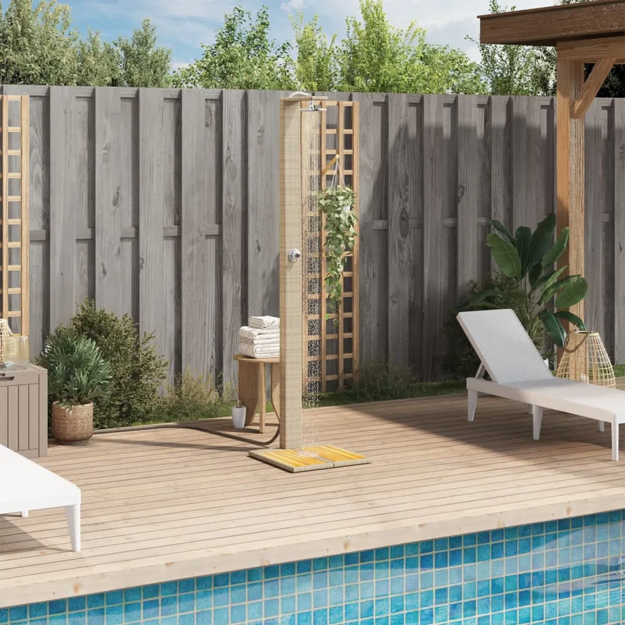 Douche d'extérieur beige 50x55x224cm résine tressée bois acacia - 3