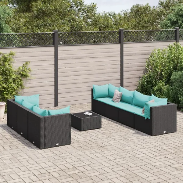 Salon de jardin 8 pcs avec coussins noir résine tressée