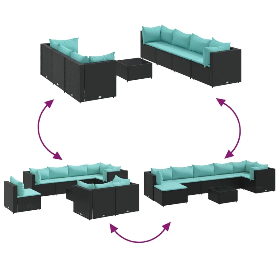 Salon de jardin 8 pcs avec coussins noir résine tressée - 6