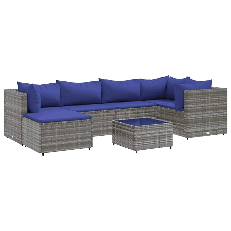 Salon de jardin 7 pcs avec coussins Gris Résine tressée - 2