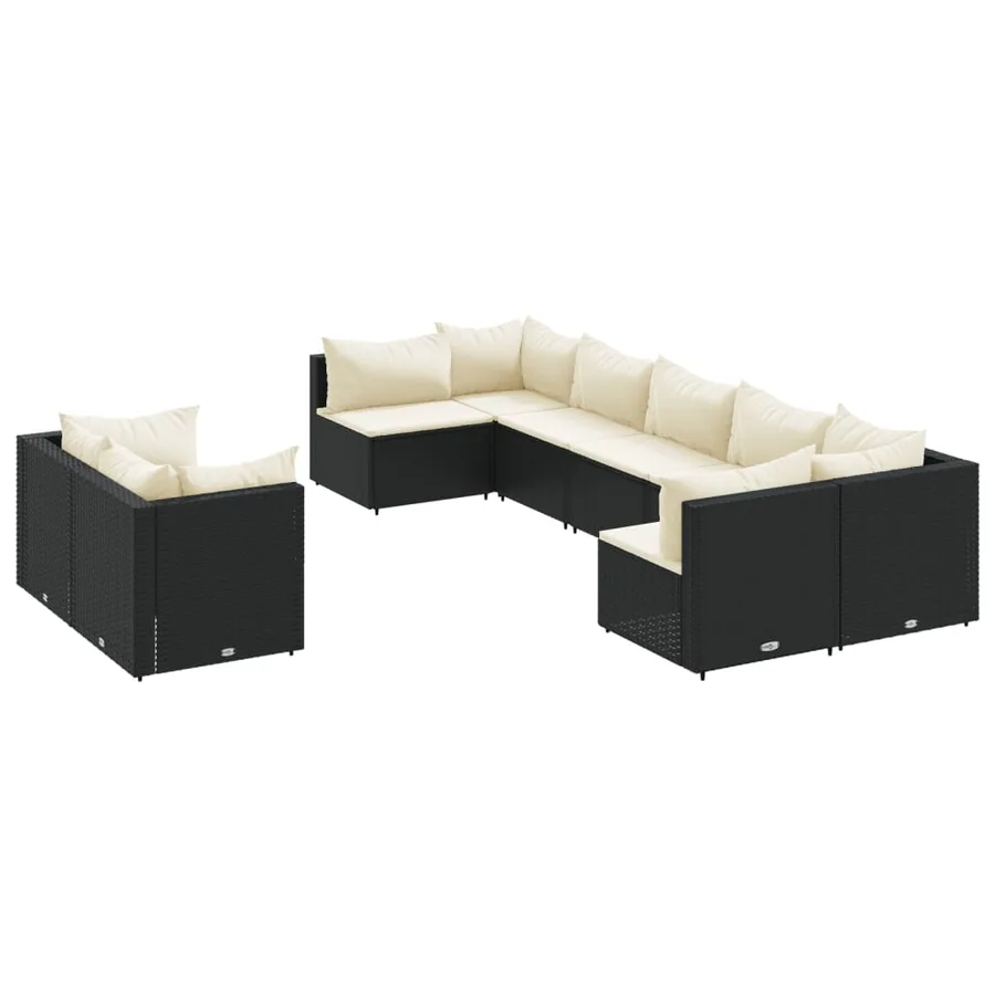 Salon de jardin 9 pcs avec coussins noir résine tressée - 2
