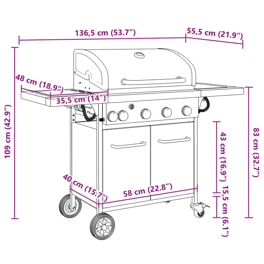 Barbecue gril à gaz avec 5 brûleurs noir acier enduit de poudre - 11
