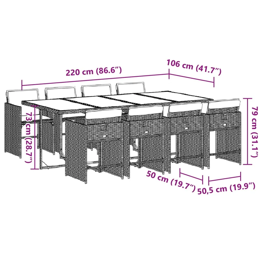 Ensemble à manger de jardin 9pcs coussins noir résine tressée - 9