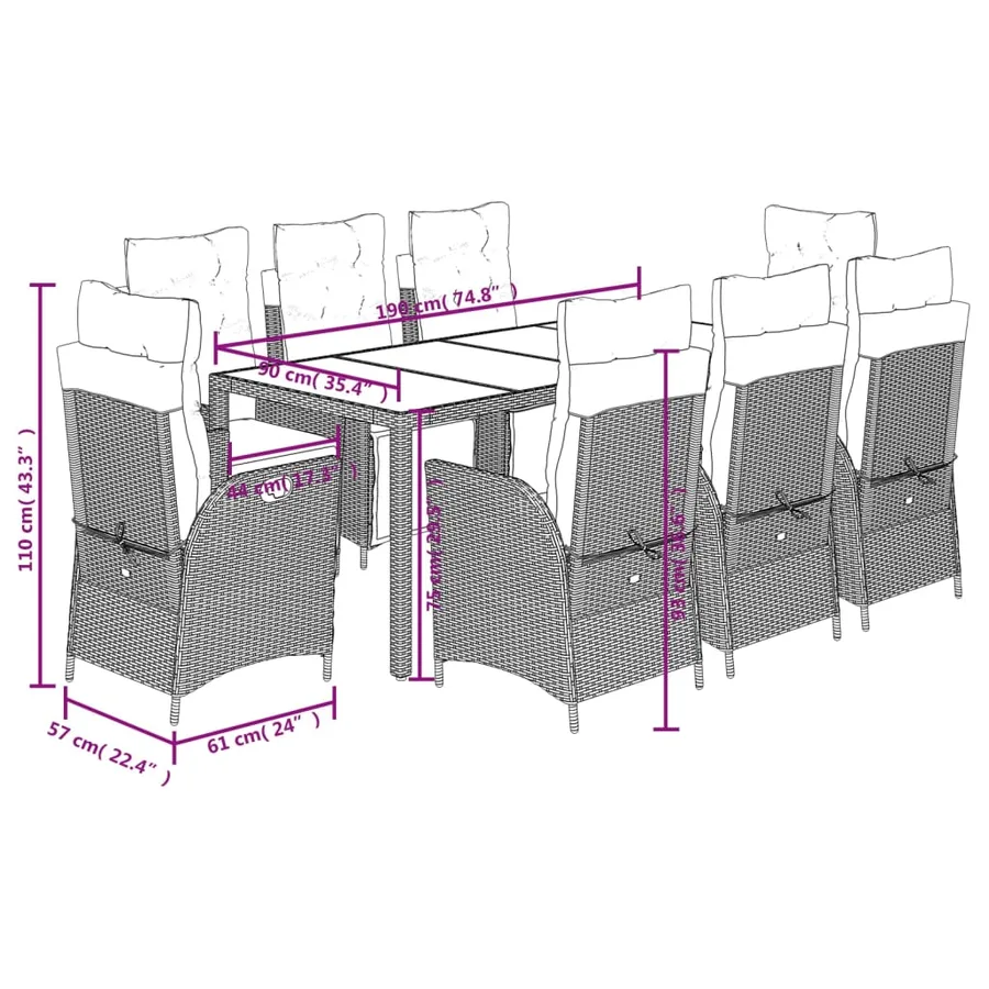 Ensemble à manger de jardin 9 pcs coussins gris résine tressée - 9