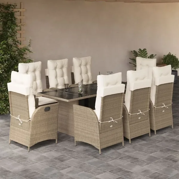 Ensemble à manger de jardin et coussins 9 pcs beige Poly rotin