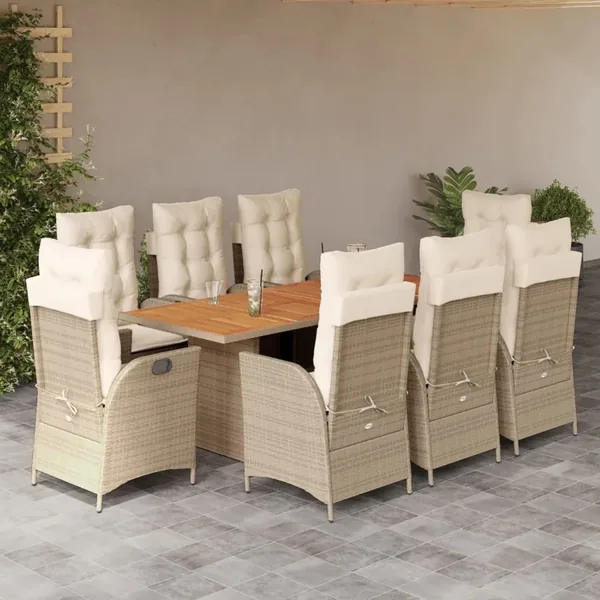 Ensemble à manger de jardin et coussins 9 pcs beige Poly rotin