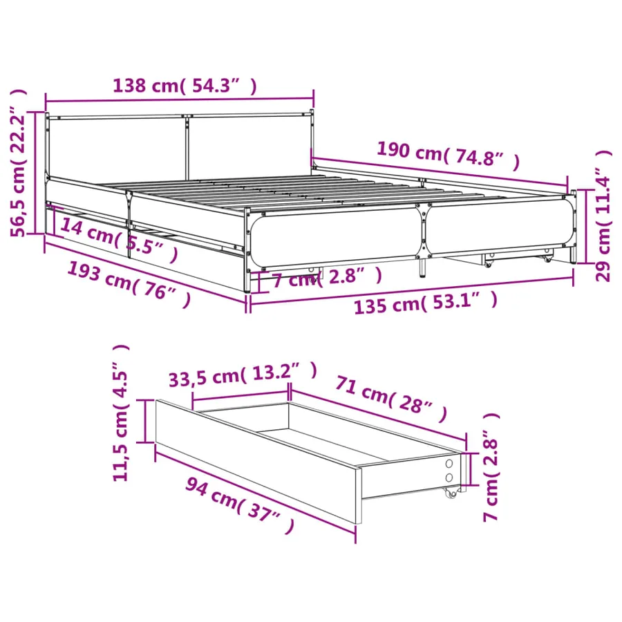 Cadre de lit avec tiroirs sans matelas sonoma gris 135x190 cm - 10