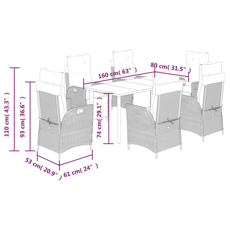 Ensemble à manger de jardin coussins 7pcs Noir Résine tressée - 9