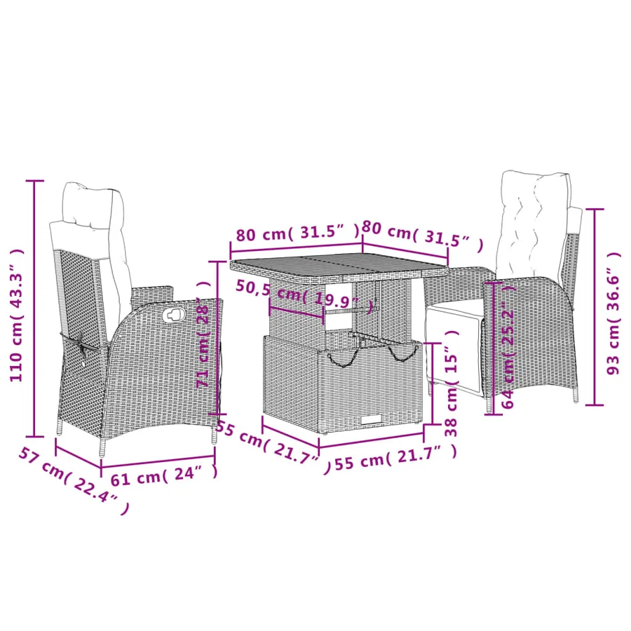 Ensemble à manger de jardin 3 pcs coussins gris résine tressée - 8