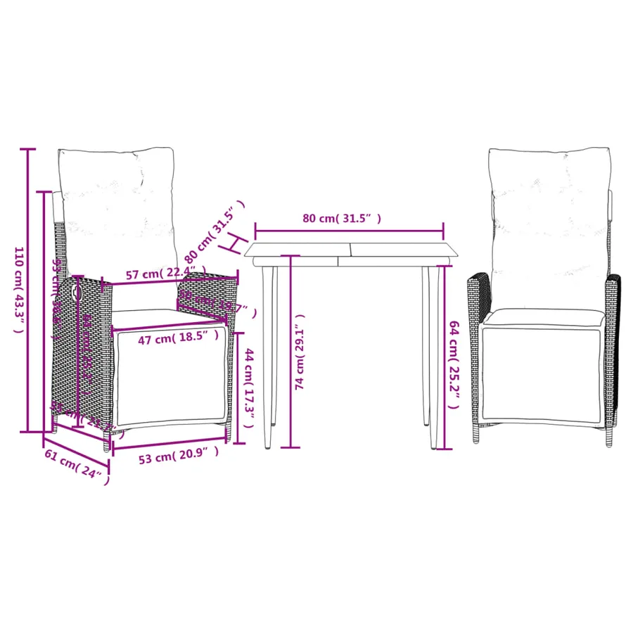Ensemble à manger de jardin 3 pcs coussins gris résine tressée - 9